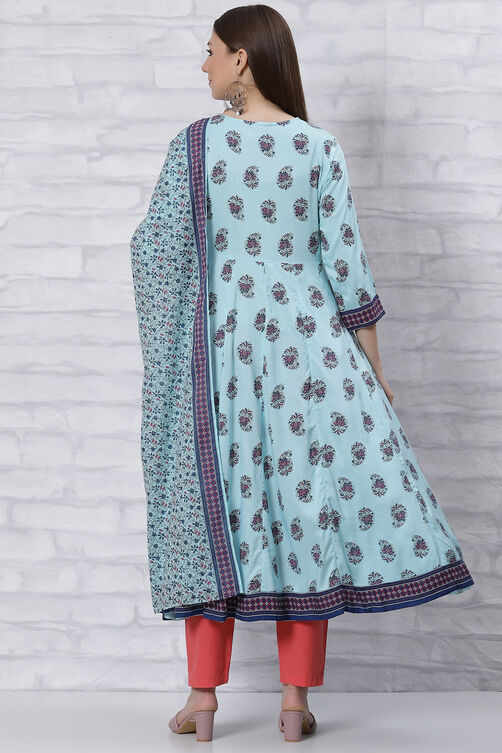 Sky Blue Kalidar Printed Suit Set image number 4